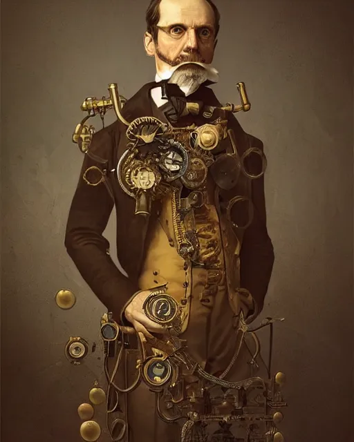 Image similar to amazing portrait of victorian man scientist, steampunk, highly detailed, intricate, ornate, symmetry, golden ratio, photorealistic, 8k, very sharp details, by rutkowski and stalenhag, modern sci-fi photo
