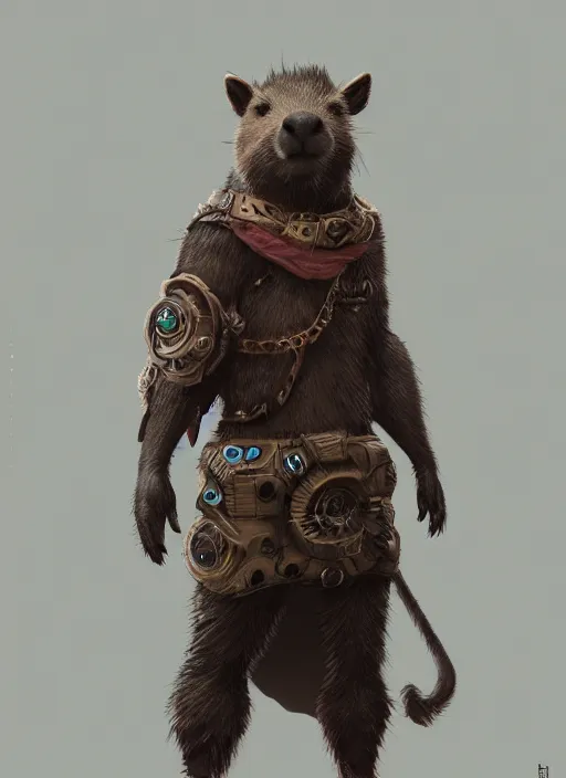 Image similar to detailed full body concept art illustration matte painting of a cute anthropomorphic capybara avenger in full intricate clothing, ultra detailed, digital art, octane render, 8K, dystopian, biomutant, micro details