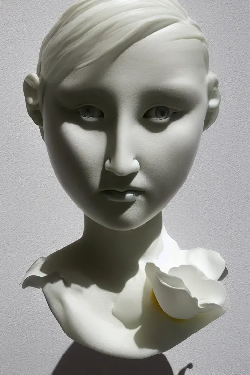 Prompt: full head and shoulders, beautiful female porcelain sculpture by daniel arsham and audrey kawasaki, smooth, all white features on a white background, delicate facial features, white eyes, white lashes, detailed white 3 d giant poppies on the head