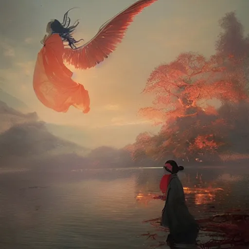 Prompt: beautiful geisha flying over a lake filed with molten gold, volume lighting, concept art, by greg rutkowski, dramatic, xray melting colors!!