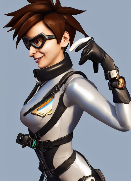 Image similar to portrait bust digital artwork of tracer overwatch, wearing white iridescent rainbow latex and leather straps catsuit outfit, 4 k, expressive happy smug expression, makeup, in style of mark arian, angel wings, wearing detailed black leather collar, chains, black leather harness, detailed face and eyes,