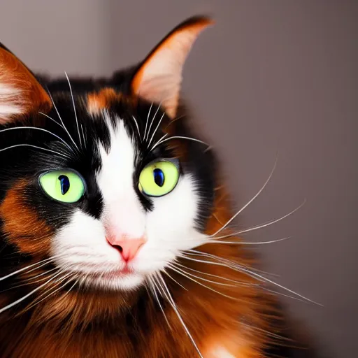 Prompt: cute calico cat staring at the camera with beady reflective eyes, 4k, vibrant, detailed, adorable, cgi