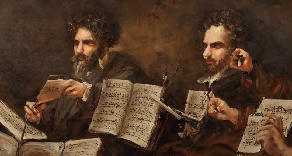 Image similar to the most epic painting of all time, a curly - haired persian guy composing the most epic symphony of minds, trending on artstation