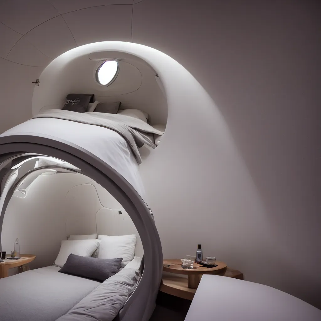 Image similar to inside cozy luxurious curved sleep-pod with wall to wall padding and sound system, ambient lighting, XF IQ4, 150MP, 50mm, F1.4, ISO 200, 1/160s, dawn