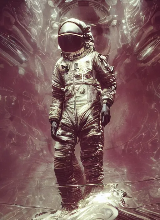 Image similar to astronaut in dark void underwater - complex and hyperdetailed technical suit design. reflection and dispersion materials. rays and dispersion of light. volumetric light. f / 3 2. noise film photo. flash photography. ultra realistic, 5 0 mm. poster by wayne barlowe, hajime sorayama aaron horkey, craig mullins