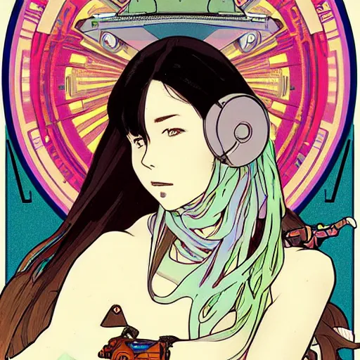 Image similar to A female hoverboarder, cyberpunk, digital art, by Studio Ghibli and Alphonse Mucha