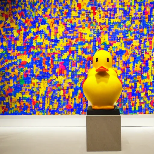 Prompt: wide shot, one photorealistic rubber duck in foreground on a pedestal in an museum gallery, british museum, the walls are covered with colorful geometric wall paintings in the style of sol lewitt, tall arched stone doorways, through the doorways are more wall paintings in the style of sol lewitt.