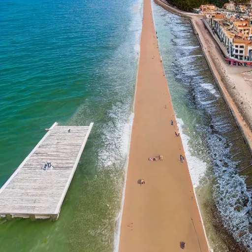 Prompt: a drone shot of the pier in Lido di Ostia, aerial view, photograph, photorealistic, detailed, sharp image, 8k SDR, award-winning, beautiful,