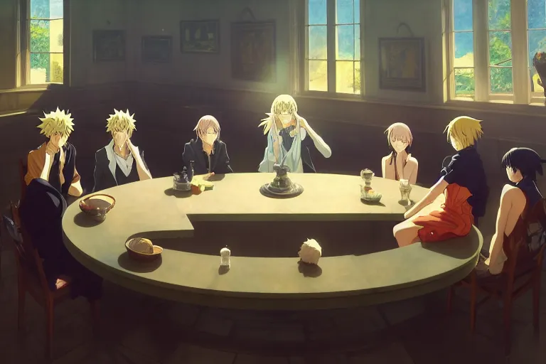 Prompt: anime key visual of seven deities sitting at a marble table, holy golen aura, style of jamie wyeth james gilleard edward hopper greg rutkowski acrylic painting, preserved museum piece, historical