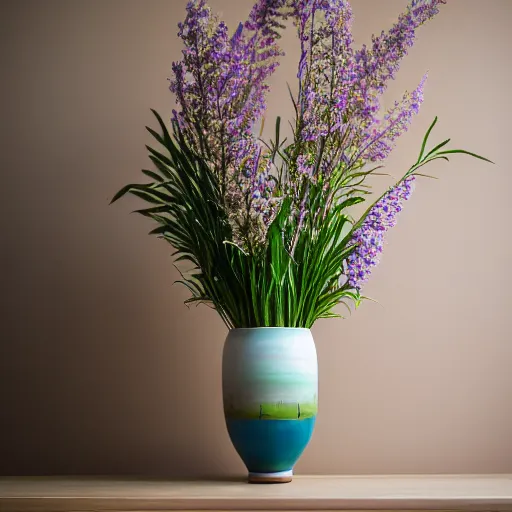 Image similar to a photo of 8k Ikebana in flower vase, ikenobo, ohararyu, sougetsu, wide angle, full body, sony a7r3, ultra detail, photorealistic, in simple background