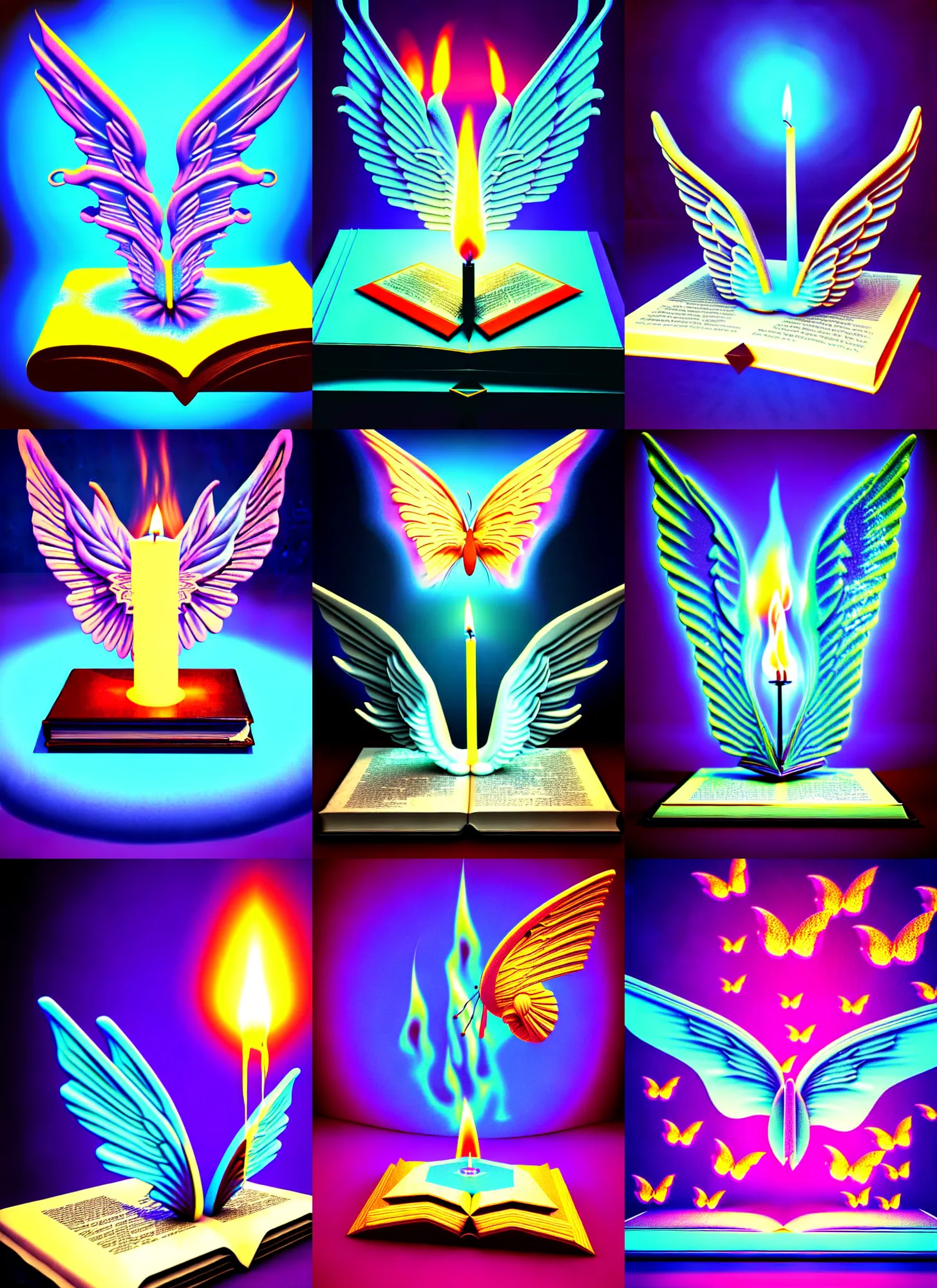 Prompt: 3 d render of melting candle on a book melting with angel wings against a psychedelic surreal background with 3 d butterflies and 3 d flowers n the style of 1 9 9 0's cg graphics 3 d rendered y 2 k aesthetic by ichiro tanida, 3 do magazine, wide shot
