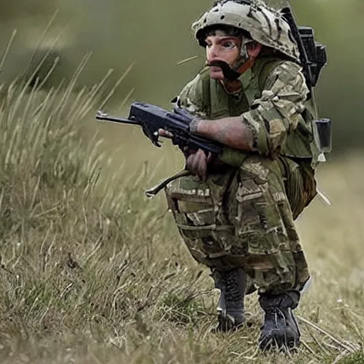 Image similar to still image of a hedgehog soldier wearing military gear, the hedgehog is holding a rifle, photo