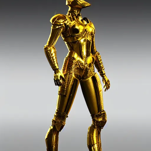 Image similar to golden shining intricate armor on a stand in the middle of a studio well lit spotlights anamorphic behance artstation