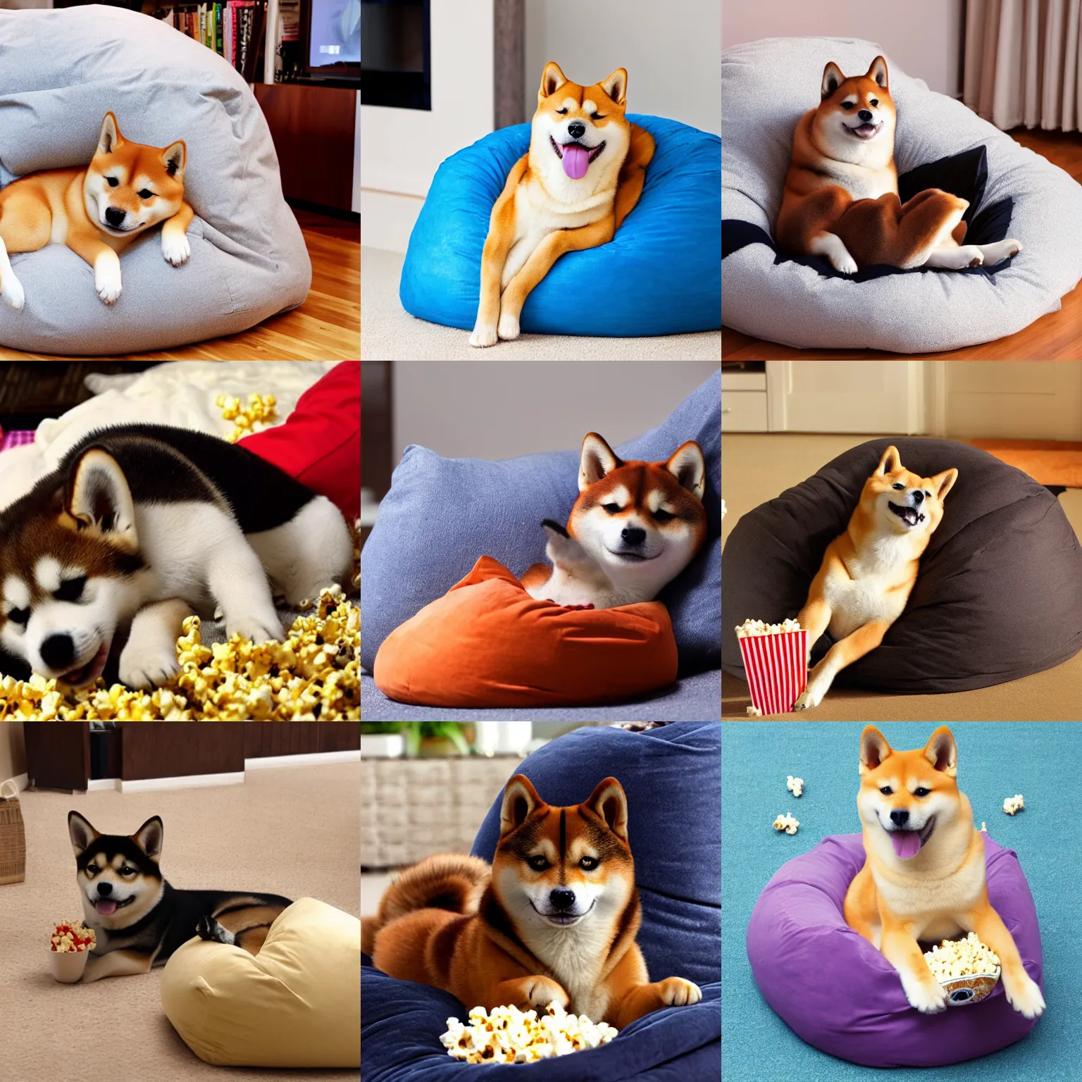 Prompt: shiba inu lying on a beanbag watching movie and eating popcorn bucket