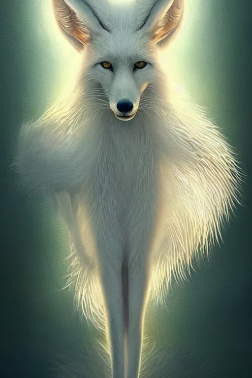 Image similar to complete and delicate portrait of a white nine - tailed fox, beautiful, agile, fairy, myth, legend, detailed, trending on artstatioin, light effects, kilian eng, john harris, bastien lecouffe - deharme