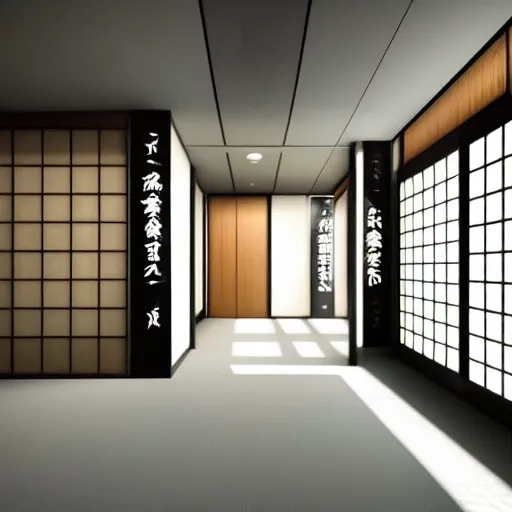 Image similar to still photo of a japanese hallway, highly detailed, photorealistic portrait, bright studio setting, studio lighting, crisp quality and light reflections, unreal engine 5 quality render