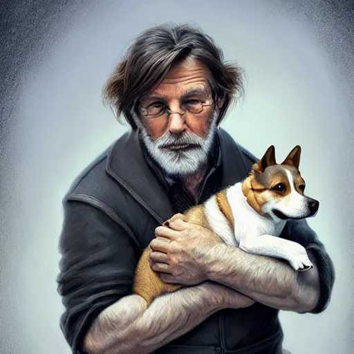 Image similar to portrait of a old, ruggedly handsome man holding a corgi dog, soft hair, muscular, half body, cloth, hairy, d & d, fantasy, intricate, elegant, highly detailed, digital painting, artstation, concept art, smooth, sharp focus, illustration, art by artgerm and greg rutkowski and alphonse mucha