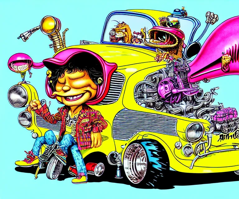 Prompt: cute and funny, aerosmith, wearing a helmet, driving a hotrod, oversized enginee, ratfink style by ed roth, centered award winning watercolor pen illustration, isometric illustration by chihiro iwasaki, the artwork of r. crumb and his cheap suit, cult - classic - comic,