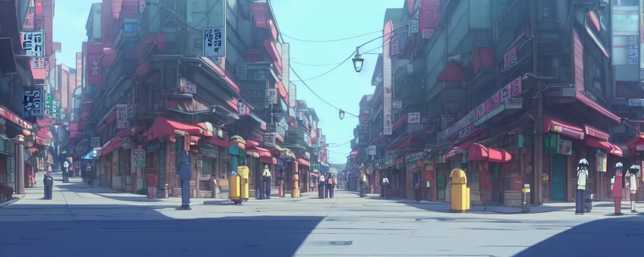 Image similar to A screenshot of the seoul city street in the scene in the Ghibli anime film, pretty rim highlights and specular