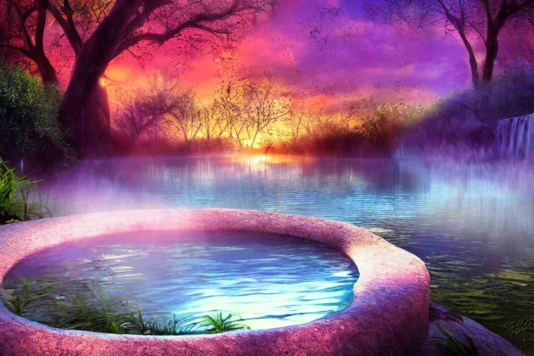 Prompt: a soothing hot spring at the edge of a dream, digital art