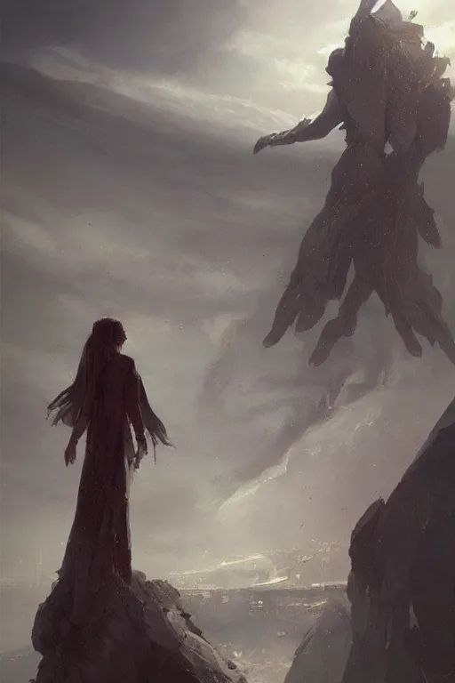 Prompt: a giant humanoid deity looms over a tiny human. ethereal fantasy art by greg rutkowski