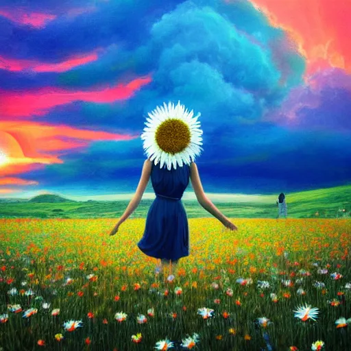 Prompt: giant daisy flower as head, full body girl walking in a flower field, surreal photography, sunrise, dramatic light, impressionist painting, colorful clouds, digital painting, artstation, simon stalenhag