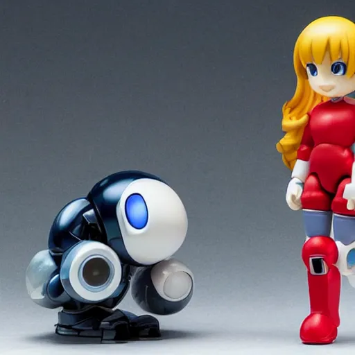 Image similar to photo of figma figures in a diorama : : roll is repairing computers in dr. light's laboratory. roll is a cute female ball - jointed robot ( in the style of mega man ) who has blonde hair with bangs and a ponytail tied with a green ribbon. she is wearing a red one - piece dress with a white collar, and red boots.