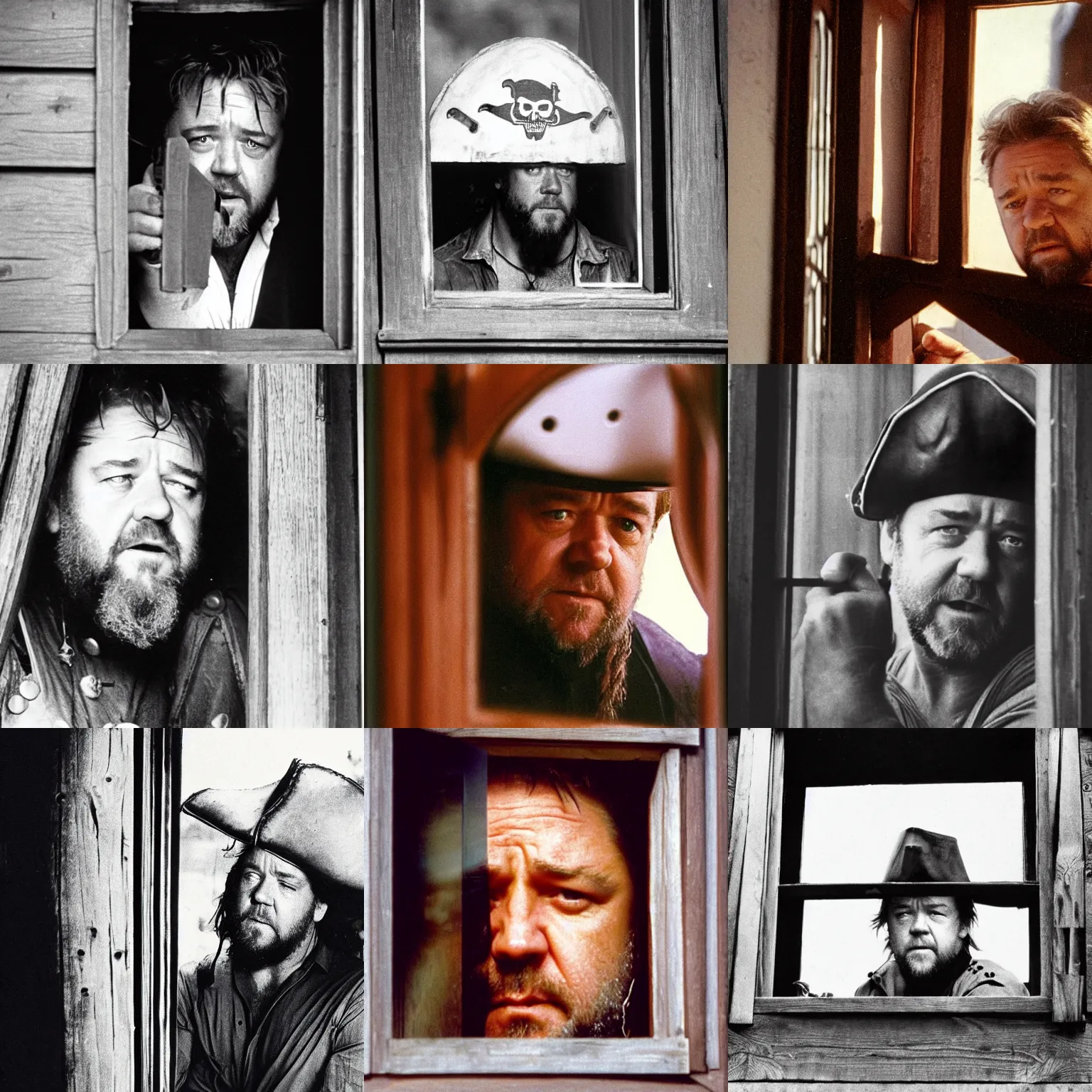 Prompt: russell crowe with large pirate hat peering out concerned down to camera from a small glass window in a wooden wall, 1 9 9 0