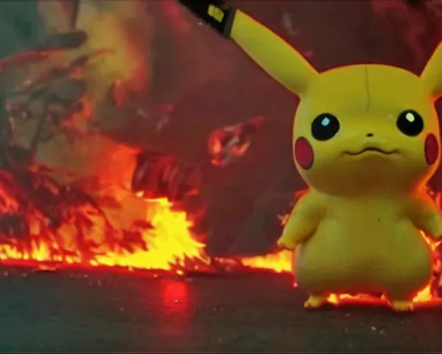 Image similar to Terminator pikachu on fire, scene from the 1980s film, still form the fiml