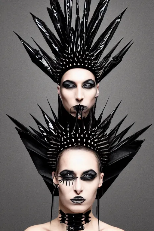 Image similar to an african woman in a black leather outfit with spikes on her head, a high fashion character portrait by christen dalsgaard, featured on behance, gothic art, androgynous, genderless, gothic