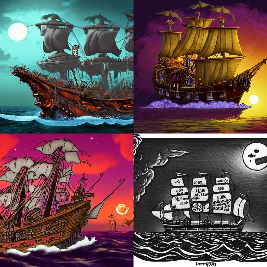 Prompt: a monstrous ghost ship with LeChuck aboard, approaching Monkey Island in the Carribean at night, an award-winning high-quality digital art