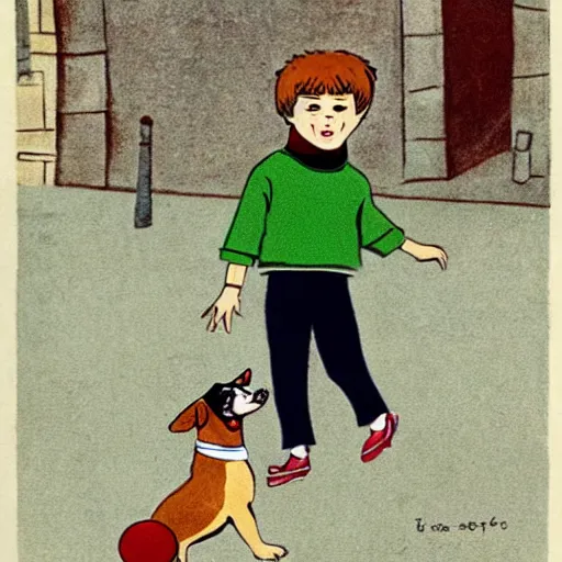 Image similar to a french boy on the streets of paris playing football against a corgi, the dog is wearing a polka dot scarf, book illustration, 1 9 6 6