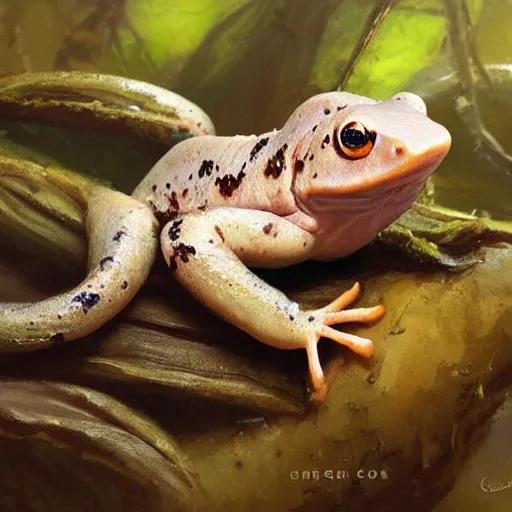 Image similar to Cute adorable sweet marshmallow salamander crawling from a cacao swamp, oil painting, by Greg Rutkowski