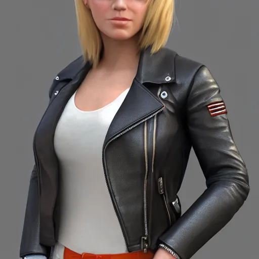 Image similar to a portrait of a female wearing a leather jacket, trending on artstation, artstationhd, artstationhq, cycles render, octane render, unreal engine, vray