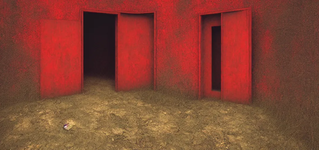 Prompt: red door standing in wasteland in style of zdzisław beksinski