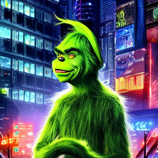 Prompt: Grinch in cyberpunk city, photorealistic, HDR, 4k, epic, wallpaper,