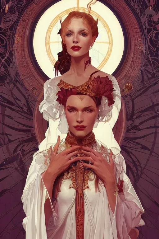 Image similar to high priestess, no noise, elegant, concept art, sharp focus, beautiful face!!, digital art, smooth defined outlines!!, human anatomy, human structure, vector background, by Brom, trending on Artstation, Alphonse Mucha, Tom Bagshaw, Sargent