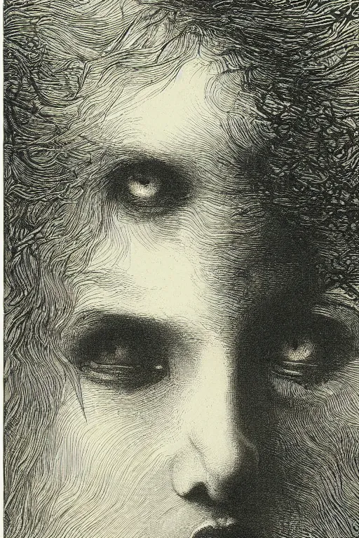 Image similar to extreme close-up covered by hair face of a woman forest background, Gustave Dore lithography