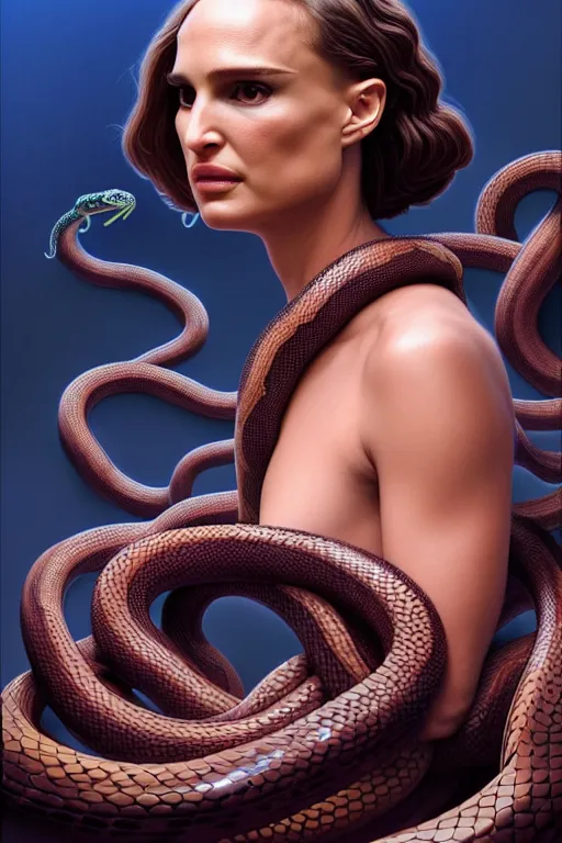 Image similar to Medusa, Natalie Portman, lots of snakes for hair, snakes details, many snakes, background full of snakes, portrait, very detailed, dramatic lighting, electrical details, high details, 4k, 8k, trending on artstation, by Greg Rutkowski, Wayne Barlowe, Hajime Sorayama and Boris Vallejo