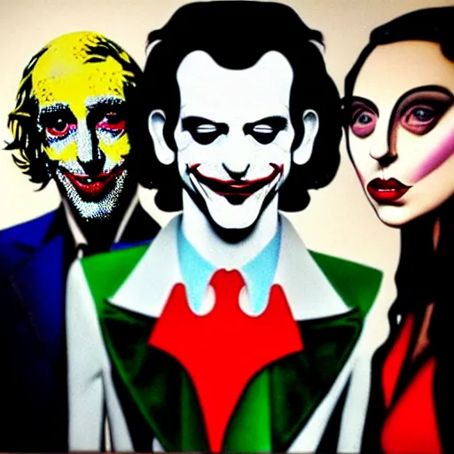 Image similar to richard hamilton and mimmo rottela and banksy as joaquin phoenix skinny joker holding hand lady gaga harley queen, ultra photorealistic, intricate details, pop art style, baroque, concept art, ultrarealistic, 3 colors, smooth, sharp focus