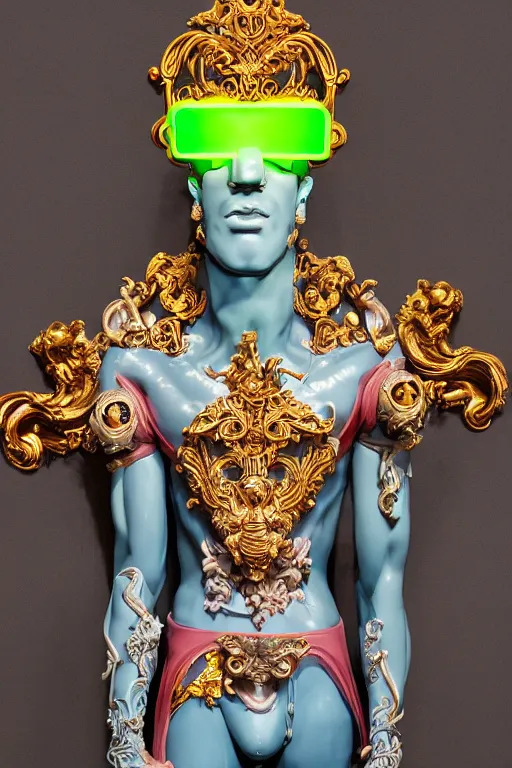 Image similar to full-body neon porcelain bladerunner and rococo style sculpture of a young handsome Cuban prince wearing cholo shades as a half android with a porcelain chest opening exposing circuitry and electric sparks, glowing laser beam eyes, crown of giant diamonds, flowing neon-colored silk, fabric, raptors. baroque elements. full-length view. baroque element. intricate artwork by caravaggio. many many birds birds on background. Trending on artstation, octane render, cinematic lighting from the right, hyper realism, octane render, 8k, depth of field, 3D