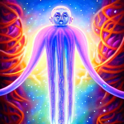Prompt: powerful stern god of jellyfish metaverse made of ancient magic technology, galactic nebular astral realm sacred journey in oil painting, trending on artstation, award winning, emotional, highly detailed surrealist art
