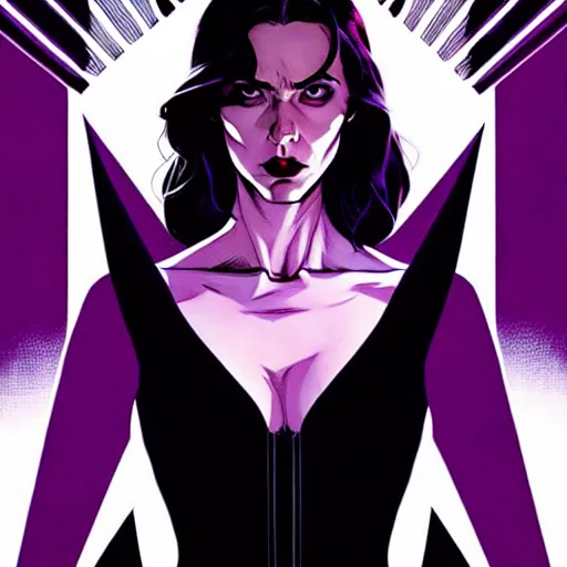 Image similar to rafael albuquerque comic cover art, artgerm, joshua middleton, pretty stella maeve witch doing black magic, serious look, purple dress, symmetrical eyes, symmetrical face, long black hair, twisted evil dark forest in the background, cool colors