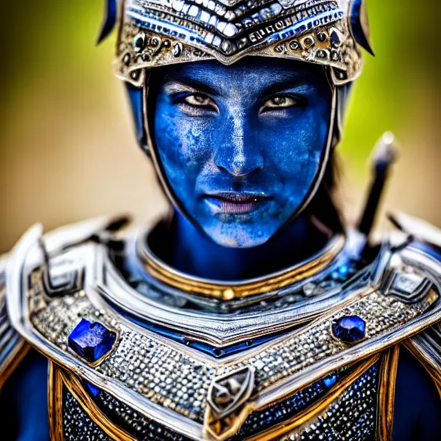 Image similar to photo of a beautiful warrior with sapphire encrusted armour highly detailed 8 k hdr smooth sharp focus high resolution award - winning photo dslr 5 0 mm