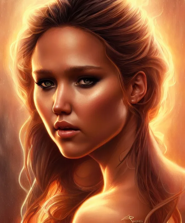 Prompt: half jessica Alba half Jennifer lawrence a fantasy magic woman portrait, sci-fi, amber eyes, face, long hair, fantasy, intricate, elegant, highly detailed, digital painting, artstation, concept art, smooth, sharp focus, illustration, art by artgerm and greg rutkowski and alphonse mucha