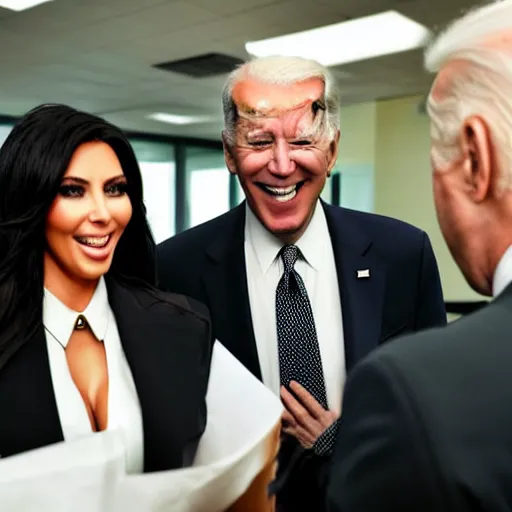 Image similar to stock photo of kim kardashian, and joe biden wearing suits and ties laughing in an office building, 8k resolution, full HD, cinematic lighting, award winning, anatomically correct