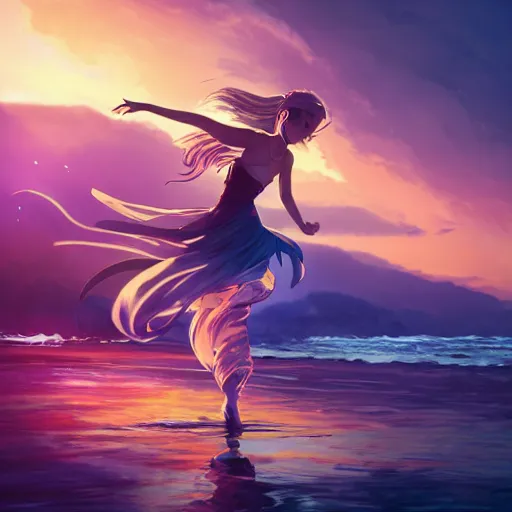 Image similar to A child dancing on water, beautiful flowing fabric, sunset, dramatic angle, realistic and detailed, by studio trigger, pixiv dslr photo by Makoto Shinkai rossdraws and Wojtek Fus