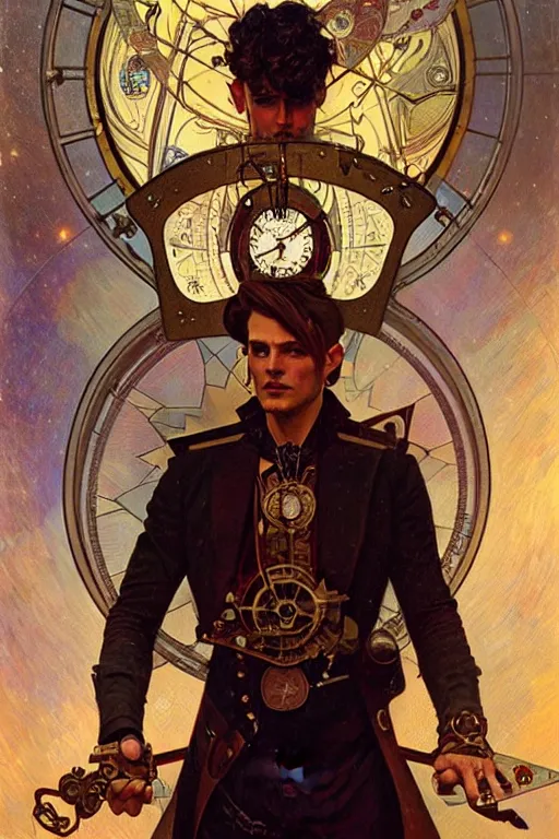 Image similar to a steampunk male holding a star, muscular, tarot art, futurism, painting by greg rutkowski, alphonse mucha