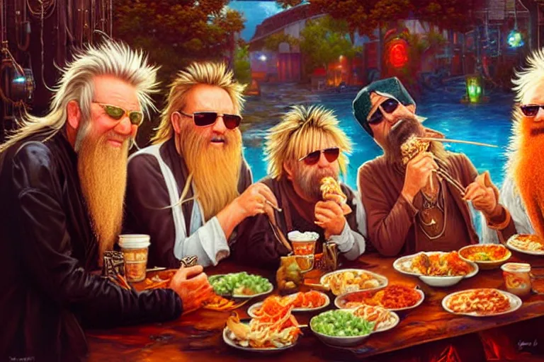 Image similar to rod stewart eating tacos with zz top, an oil painting by ross tran and thomas kincade