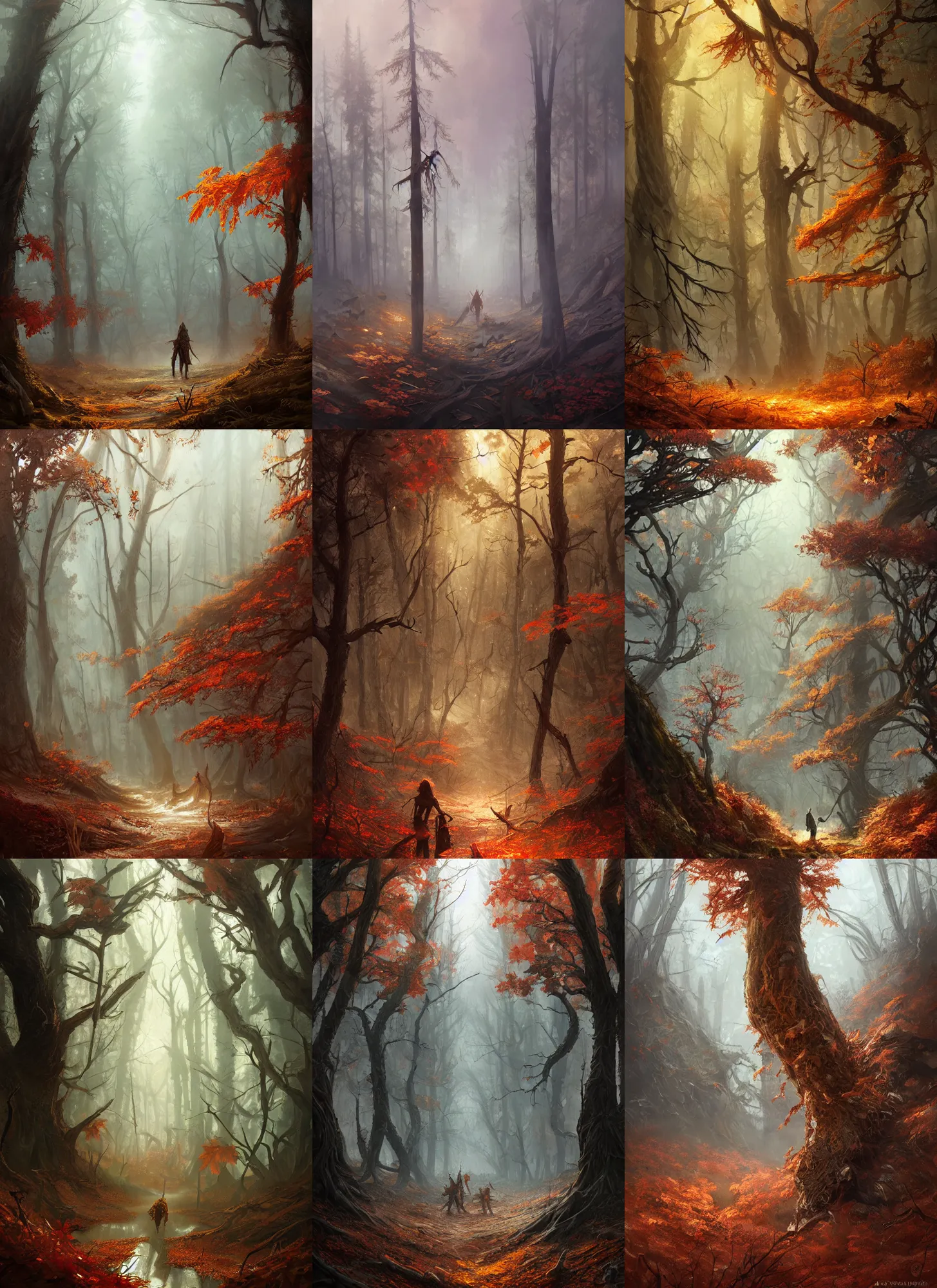 Prompt: withering autumnal forest, d & d, fantasy, highly detailed, digital painting, trending on artstation, concept art, sharp focus, illustration, art by artgerm and greg rutkowski and magali villeneuve